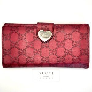 Auth Gucci Lovely Heart GG Guccissima Logo Burgundy Leather Long Wallet 203550
